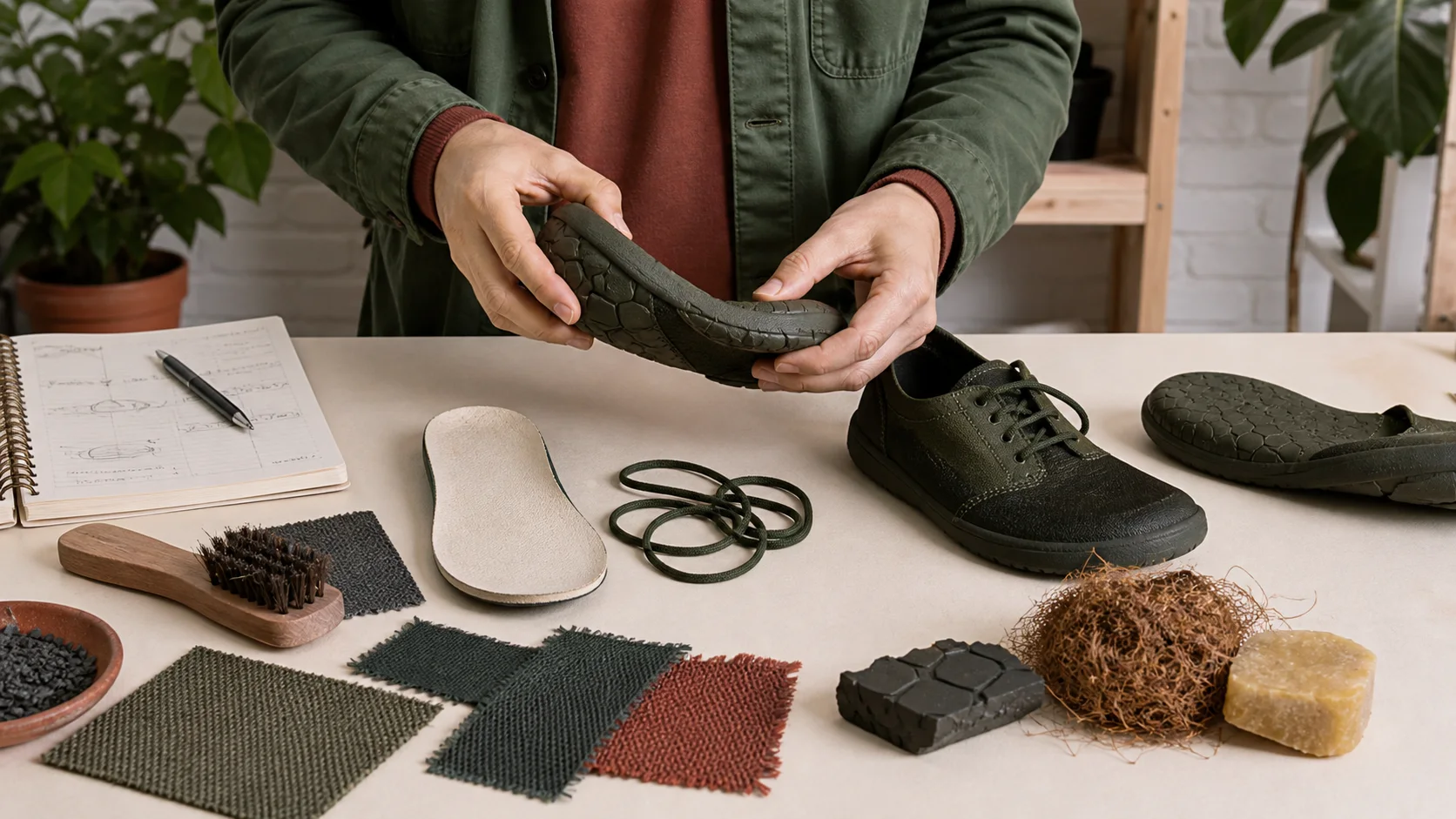 Inspeccion de una zapatilla flexible con suela, plantilla, cordones y muestras de materiales sobre una mesa de taller