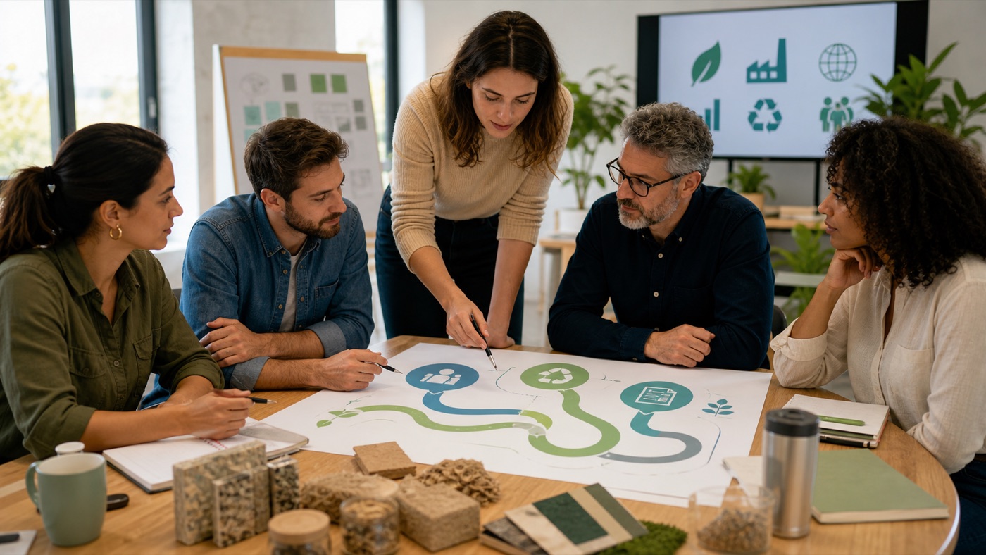 Equipo profesional revisando un mapa de formacion en sostenibilidad empresarial